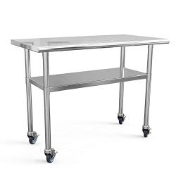 Stainless Steel Prep Table - 48x24 Inches Commercial Work Table Food Metal Table Heavy Duty Kitchen Garage Worktables and Workstations Sandwich Top with 4 Caster Wheels