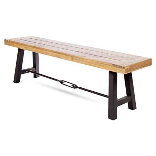 Christopher Knight Home Catriona Outdoor Acacia Wood Bench with Metal Accents, Teak Finish / Rustic Metal