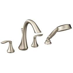 MOEN T944BN Eva Collection Two Handle Deck Mount Roman Tub Faucet Trim Kit with Single Function Handshower Valve Required, Brushed Nickel