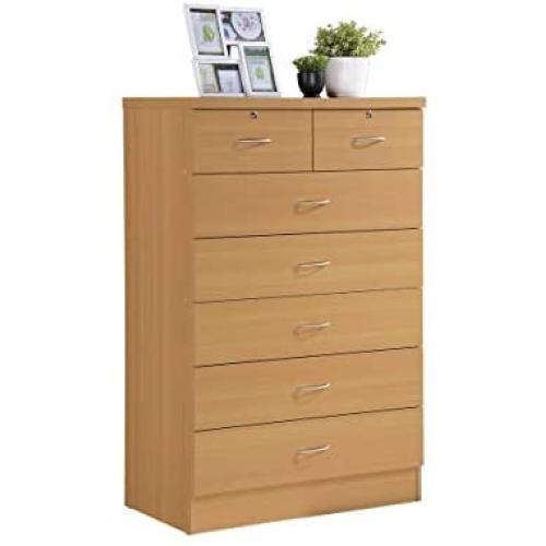 Hodedah HI70DR Beech 7 with Locks On 2-Top Chest of Drawers