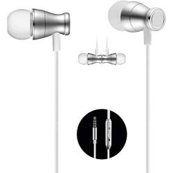 Acode In-Ear Earbuds Earphones Headphones, 3.5mm Metal Housing Magnetic Best Wired Bass Stereo Headset Built-in Mic/Hands-free/Volume Control+Carrying Case+3 Pairs EarBuds (S/M/L) (Silver)