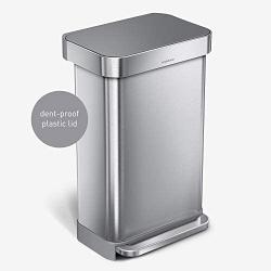 simplehuman 45 Liter Rectangular Hands-Free Kitchen Step Trash Can with Soft-Close, Brushed Stainless Steel with Plastic Lid