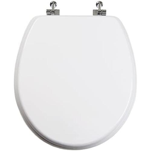 TOPSEAT Round Toilet Seat w/Chromed Metal Hinges, Wood, White