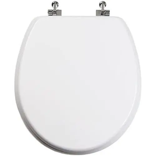 TOPSEAT Round Toilet Seat w/Chromed Metal Hinges, Wood, White TOPSEAT Round Toilet Seat w/Chromed Metal Hinges, Wood, White