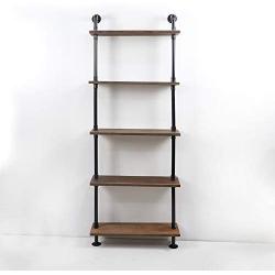 KINMADE Industrial Pipe Shelf Floating Wall Shelf Rustic Wood with Black Iron Pipe 5 Tier