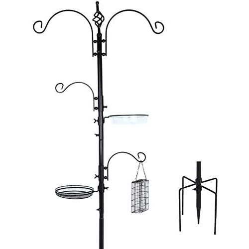 DAINTIER Bird Feeding Station Kit for Outdoors, 5 Prong Base, 92 Inch Black Metal Pole, Birdfeeder Birdbath Planter Hanger for Attracting Wild Birds