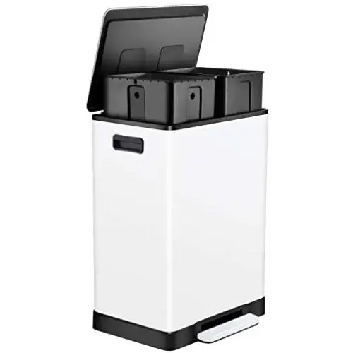 White Stainless Steel Step Trash Can - 16 Gallon Garbage Bin with Soft Close Lid - Dual Compartment Waste Can with 30 Liters Capacity in Each - Recycling Bin by ToiletTree Products White Stainless Steel Step Trash Can - 16 Gallon Garbage Bin with Soft Close Lid - Dual Compartment Waste Can with 30 Liters Capacity in Each - Recycling Bin by ToiletTree Products