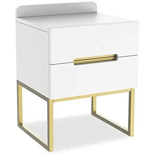 ZZBIQS Wood Nightstand Bedside Table with 2 White Drawers for Storage, Modern Side End Table with Metal Frame Leg for Living Room Bedroom Office Home Furniture (White/Gold) ZZBIQS Wood Nightstand Bedside Table with 2 White Drawers for Storage, Modern Side End Table with Metal Frame Leg for Living Room Bedroom Office Home Furniture (White/Gold)