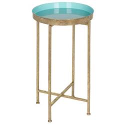 Kate and Laurel Celia Round Foldable Tray Accent Table, 14'' x 14'' x 25.75'', Light Teal and Gold, Modern Minimalist Design and Magnetic Tabletop