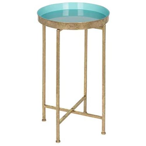 Kate and Laurel Celia Round Foldable Tray Accent Table, 14'' x 14'' x 25.75'', Light Teal and Gold, Modern Minimalist Design and Magnetic Tabletop