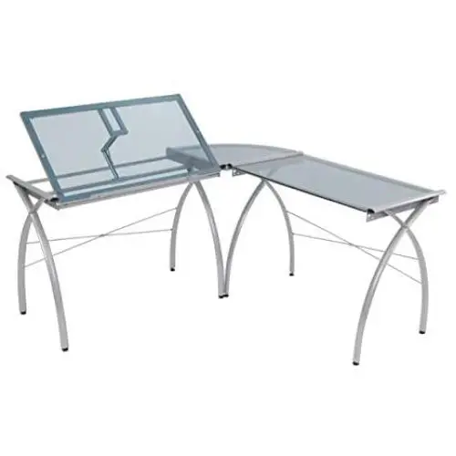 SD STUDIO DESIGNS Futura LS WorkCenter with Tilt Top Adjustable Drafting Table Craft Table Drawing Desk Hobby Table Writing Desk Studio Desk, Silver / Blue Glass SD STUDIO DESIGNS Futura LS WorkCenter with Tilt Top Adjustable Drafting Table Craft Table Drawing Desk Hobby Table Writing Desk Studio Desk, Silver / Blue Glass