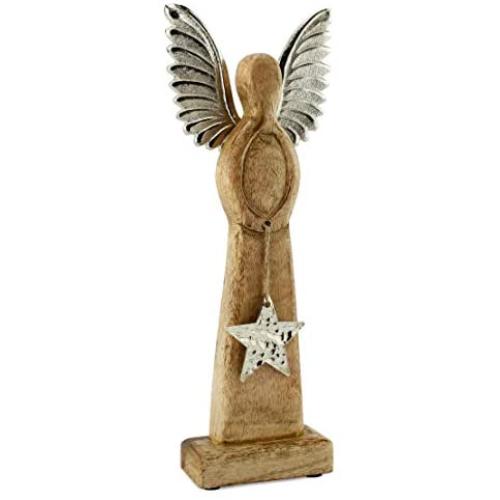 AuldHome Wooden Angel Christmas Statue; Farmhouse Holiday Decor Wood and Metal Figurine