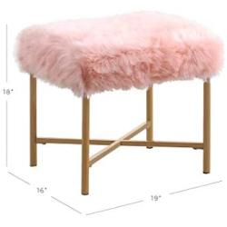 HomePop Faux Fur Square Stool with Metal Legs, Pink