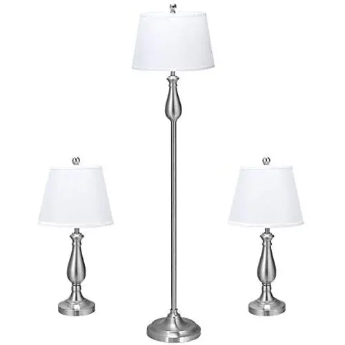 Tangkula 3 Pack Lamp Set, Vintage Style Metal Base Floor Lamp and Table Lamps Set for Home Living Room Bedroom, UL Certificate, 3-Piece Lamp Set, Nickel Finish (Nickel)