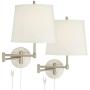 Oray Modern Swing Arm Wall Lamps Set of 2 Brushed Nickel Plug-in Light Fixture Off White Drum Shade for Bedroom Bedside Living Room Reading - 360 Lighting