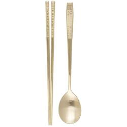 Korean Chopsticks Spoon Set 100% METAL STAINLESS STEEL Printed Hangul Characters Titanium Gold Plating (Gold-Hangul)