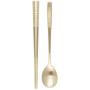 Korean Chopsticks Spoon Set 100% METAL STAINLESS STEEL Printed Hangul Characters Titanium Gold Plating (Gold-Hangul)