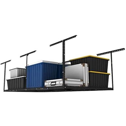 FLEXIMOUNTS 4x8 Overhead Garage Storage Rack Adjustable Ceiling Garage Rack Heavy Duty, 96'' Length x 48'' Width x (22-40'' Ceiling Dropdown), Black (Two-Color Options)