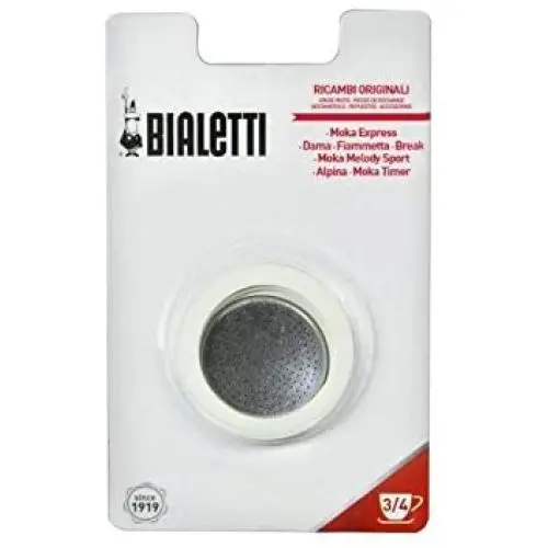 Packaging of 3 gaskets and 1 filter for aluminum coffeepots 3 cups. Packaging of 3 gaskets and 1 filter for aluminum coffeepots 3 cups.