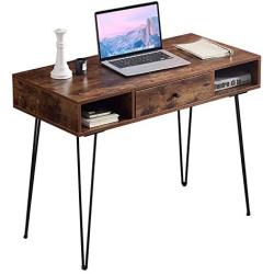 VECELO Computer Home & Office Laptop Table,Study Writing Desk with Drawers Open Shelf Storage Metal Leg，Retro Brown