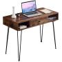 VECELO Computer Home & Office Laptop Table,Study Writing Desk with Drawers Open Shelf Storage Metal Leg，Retro Brown