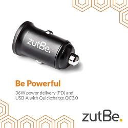 zutBe USB-C PD and USB-A QC 3.0, 36W Compact Metal Fast Car Charger for iPhone 12, 11, X, iPad Pro, Pixel, Samsung Galaxy S20/S10 and More. [Be Charitable, Powerful, Safe, Compatible, Confident]