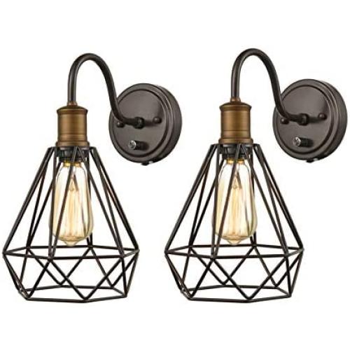 Dazhuan Polygon Metal Cage Wall Lights with On/Off Switch Plug-in Wall Sconce Set of 2