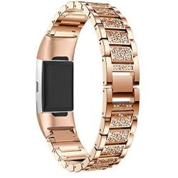 Aottom Compatible for Fitbit Charge 4 Bands for Women, Fitbit Charge 3 Band Stainless Steel Jewelry Glitter Metal Bracelet Wristband Replacement Band for Fitbit Charge 4/3 Fitness Tracker, Rose Gold