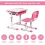 BABY JOY Kids Desk and Chair Set, Height Adjustable Child Desk Set w/Tilt Desktop, Pull Out Drawer Storage, Metal Hook, Multifunctional School Student Study Desk Chair for Boys & Girls (Pink)