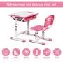 BABY JOY Kids Desk and Chair Set, Height Adjustable Child Desk Set w/Tilt Desktop, Pull Out Drawer Storage, Metal Hook, Multifunctional School Student Study Desk Chair for Boys & Girls (Pink)