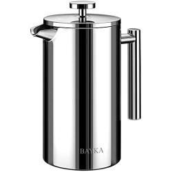 BAYKA 34 Oz French Press Coffee Maker, 304 Grade Stainless Steel, Double Wall Insulated Coffee Press for Home Office, 4-Level Filtration Systems, 2 Extra Mesh Filters Included, Dishwasher Safe