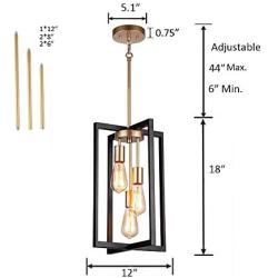 JINZO 3-Light Rectangle Chandelier Black and Gold Farmhouse Pendant Lighting with Rustic Style Industiral Metallic Pendant Lighting Modern Linear Metal Hanging Pendant Light Fixture