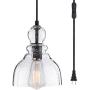LANROS Swag Lights with 15.7 Ft Plug-in Cord and On/Off Switch, Handblown Clear Seeded Glass Shade Pendant Light for Bedroom Study Kitchen Sink Livingroom, Black, 7inch, 1-Pack