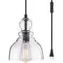 LANROS Swag Lights with 15.7 Ft Plug-in Cord and On/Off Switch, Handblown Clear Seeded Glass Shade Pendant Light for Bedroom Study Kitchen Sink Livingroom, Black, 7inch, 1-Pack