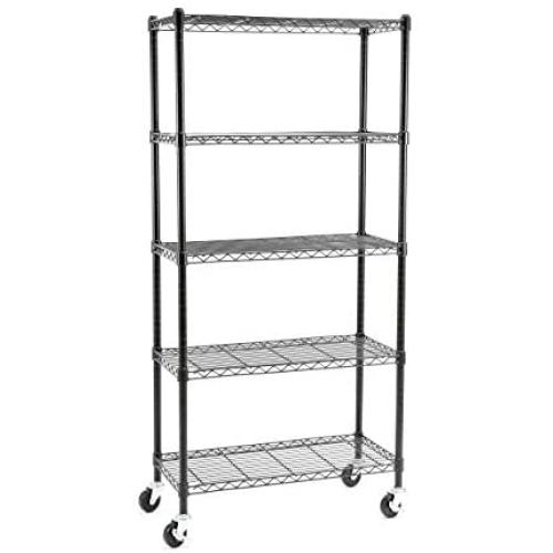 EFINE USA 5-Shelf Shelving Units and Storage on 3 Wheels, Adjustable Heavy Duty Carbon Steel Wire Shelving Unit for Garage, Kitchen, Office (30W x 14D x 63.7H)