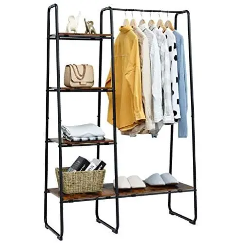 Tangkula Metal Garment Rack, Free Standing Closet Storage Organizer w/ 5 Shelves & Hanging Bar, Open Wardrobe Rack for Hanging Clothes and Storage, Clothes Rack for Bedroom Living Room Entryway Tangkula Metal Garment Rack, Free Standing Closet Storage Organizer w/ 5 Shelves & Hanging Bar, Open Wardrobe Rack for Hanging Clothes and Storage, Clothes Rack for Bedroom Living Room Entryway