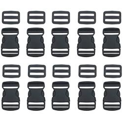 EesTeck 10 Set 1 Inch Flat Dual Adjustable Plastic Quick Side Release Plastic Buckles and Tri-Glide Slides for Luggage Straps Pet Collar Backpack Repairing (Black, Fit for 1”/25mm Webbing Straps)