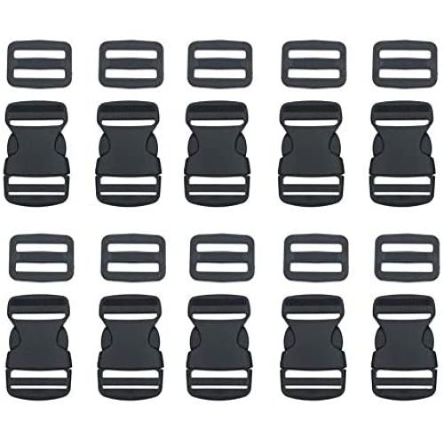 EesTeck 10 Set 1 Inch Flat Dual Adjustable Plastic Quick Side Release Plastic Buckles and Tri-Glide Slides for Luggage Straps Pet Collar Backpack Repairing (Black, Fit for 1”/25mm Webbing Straps)