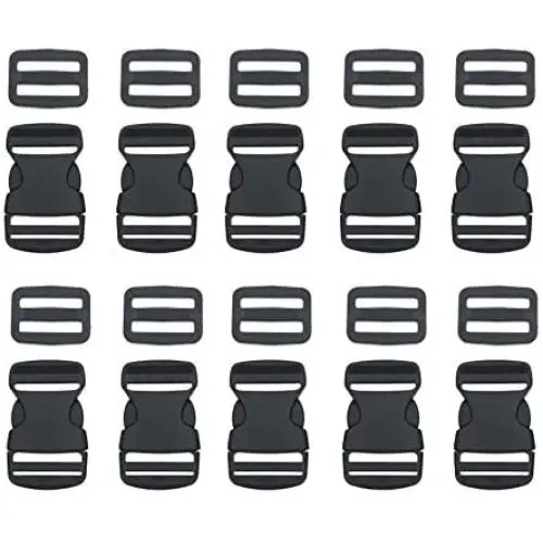 EesTeck 10 Set 1 Inch Flat Dual Adjustable Plastic Quick Side Release Plastic Buckles and Tri-Glide Slides for Luggage Straps Pet Collar Backpack Repairing (Black, Fit for 1”/25mm Webbing Straps)