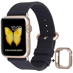 JSGJMY Compatible with Apple Watch Band 38mm 40mm 42mm 44mm Women Men Genuine Leather Replacement Strap for iWatch Series SE 6 5 4 3 2 1 (Black with Champagne Gold Clasp, 38mm/40mm S/M)