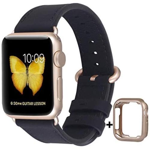 JSGJMY Compatible with Apple Watch Band 38mm 40mm 42mm 44mm Women Men Genuine Leather Replacement Strap for iWatch Series SE 6 5 4 3 2 1 (Black with Champagne Gold Clasp, 38mm/40mm S/M)