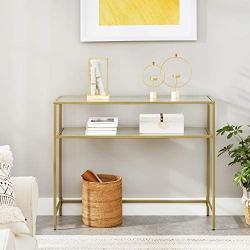 VASAGLE Console Table, Modern Sofa or Entryway Table, Tempered Glass Table, Metal Frame, 2 Shelves, Adjustable Feet, for Living Room, Hallway, Gold Color ULGT025A01