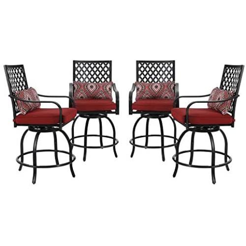 PHI VILLA Patio Outdoor Swivel Bar Stools Set of 4 Patio Bar Height Bistro Dining Chairs Garden Furniture Sets All Weather Metal Frame with Red Cushion