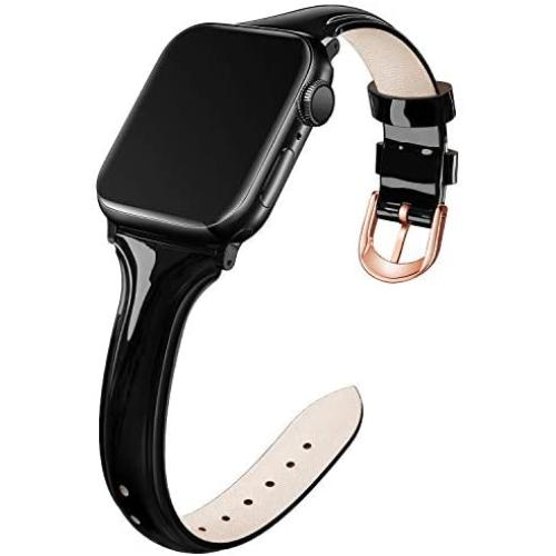 Adepoy Compatible for Apple Watch Bands 38mm 40mm, Non-Fade Slim Genuine Patent Leather Wristband for Women Apple iWatch Series Se/6/5/4/3/2/1, Black