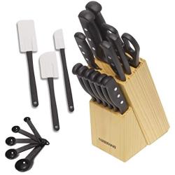 Farberware 22-Piece Never Needs Sharpening Triple Rivet High-Carbon Stainless Steel Knife Block and Kitchen Tool Set, Black