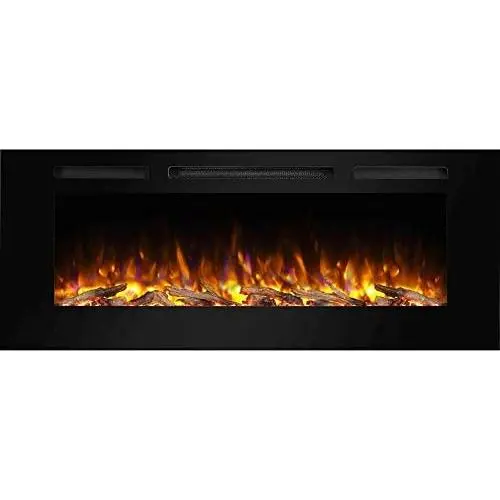 PuraFlame Alice 50 Inches Recessed Electric Fireplace, Flush Mounted for 2 X 6 Stud, Log Set & Crystal, 1500W Heater, Black