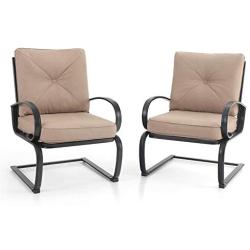 PHI VILLA Patio Spring Motion Metal Dining Chairs with Padded Beige Cushion, Set of 2 for Outdoor Deck, Porch