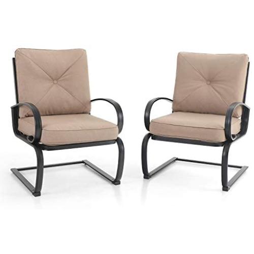 PHI VILLA Patio Spring Motion Metal Dining Chairs with Padded Beige Cushion, Set of 2 for Outdoor Deck, Porch