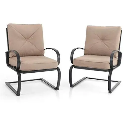 PHI VILLA Patio Spring Motion Metal Dining Chairs with Padded Beige Cushion, Set of 2 for Outdoor Deck, Porch