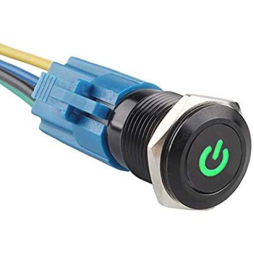 ESUPPORT 16mm 12V 3A Car Green LED Light Power Metal Push Button Toggle Switch Socket Plug Latching Black Shell
